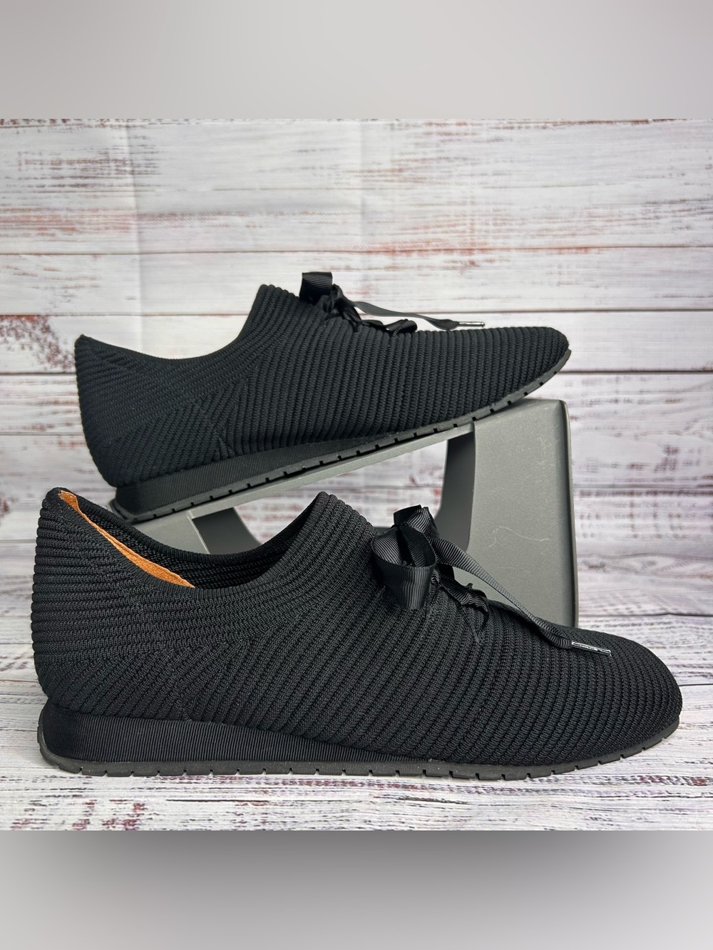 Black Knit Slip-On Women's Sneakers with Ribbon Laces — Lightweight Comfort